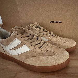 Vince Beige Suede Sneakers with White Stripes